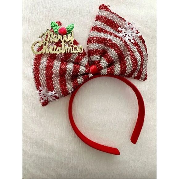 Boutique Accessories - Red and silver, striped, merry Christmas bow headband